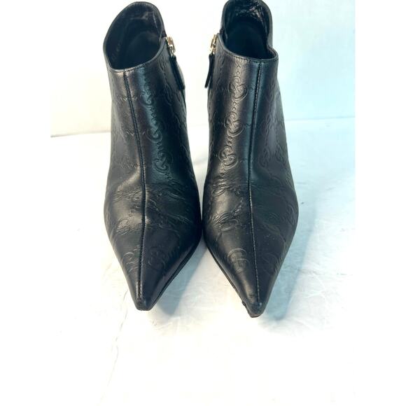 GUCCI Vintage Black Leather GG Monogram Logo Short Zip Stiletto Heel Bootie 5C W - Picture 3 of 12
